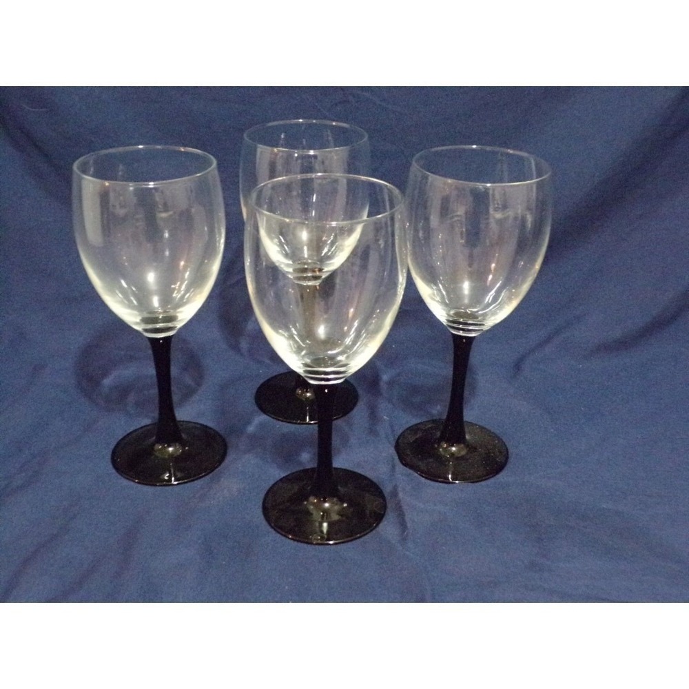 Luminarc Black Stem Goblets Wine Water Glasses 10 oz France Vintage Set of 4